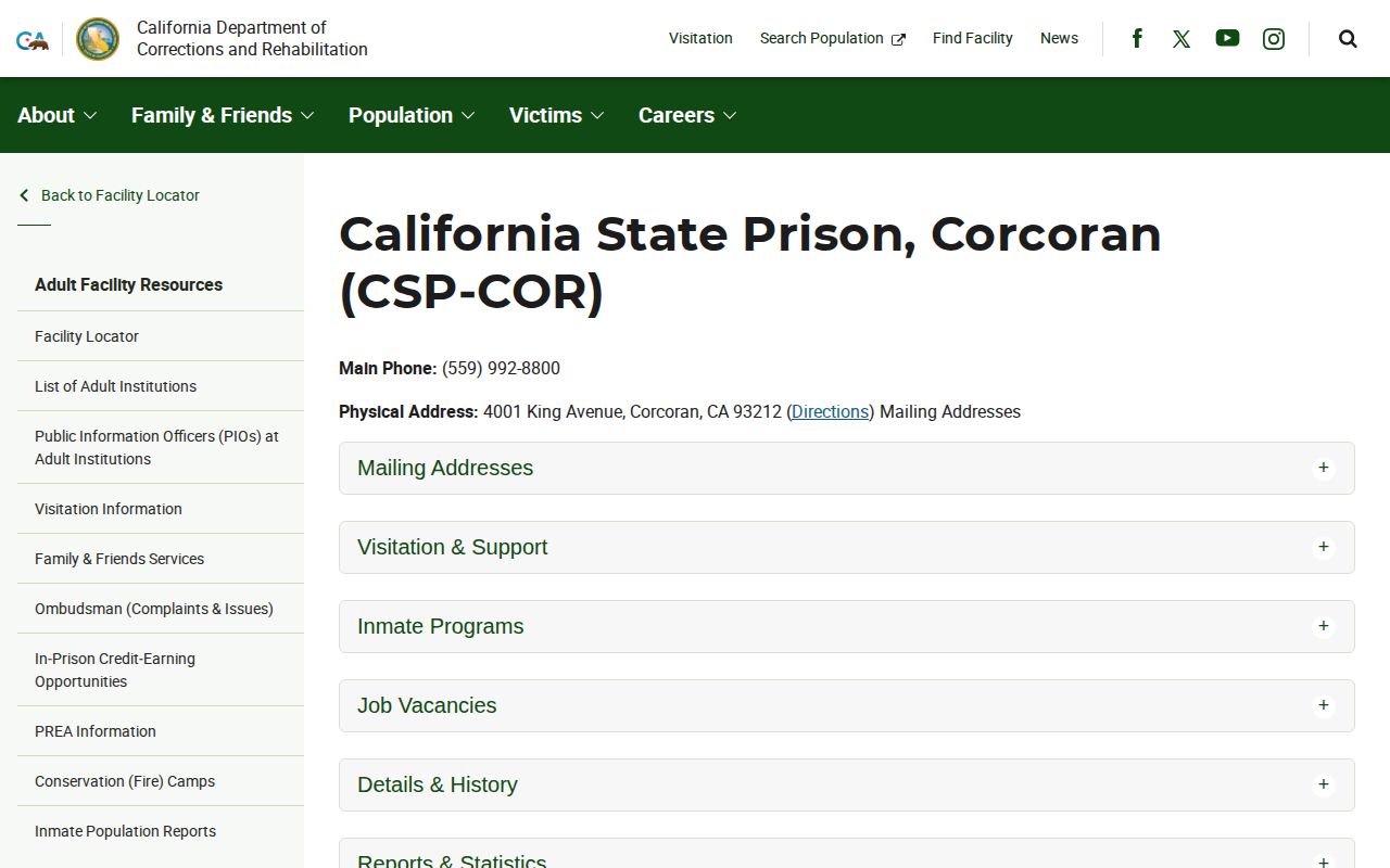 California State Prison, Corcoran release records CDCR facility page