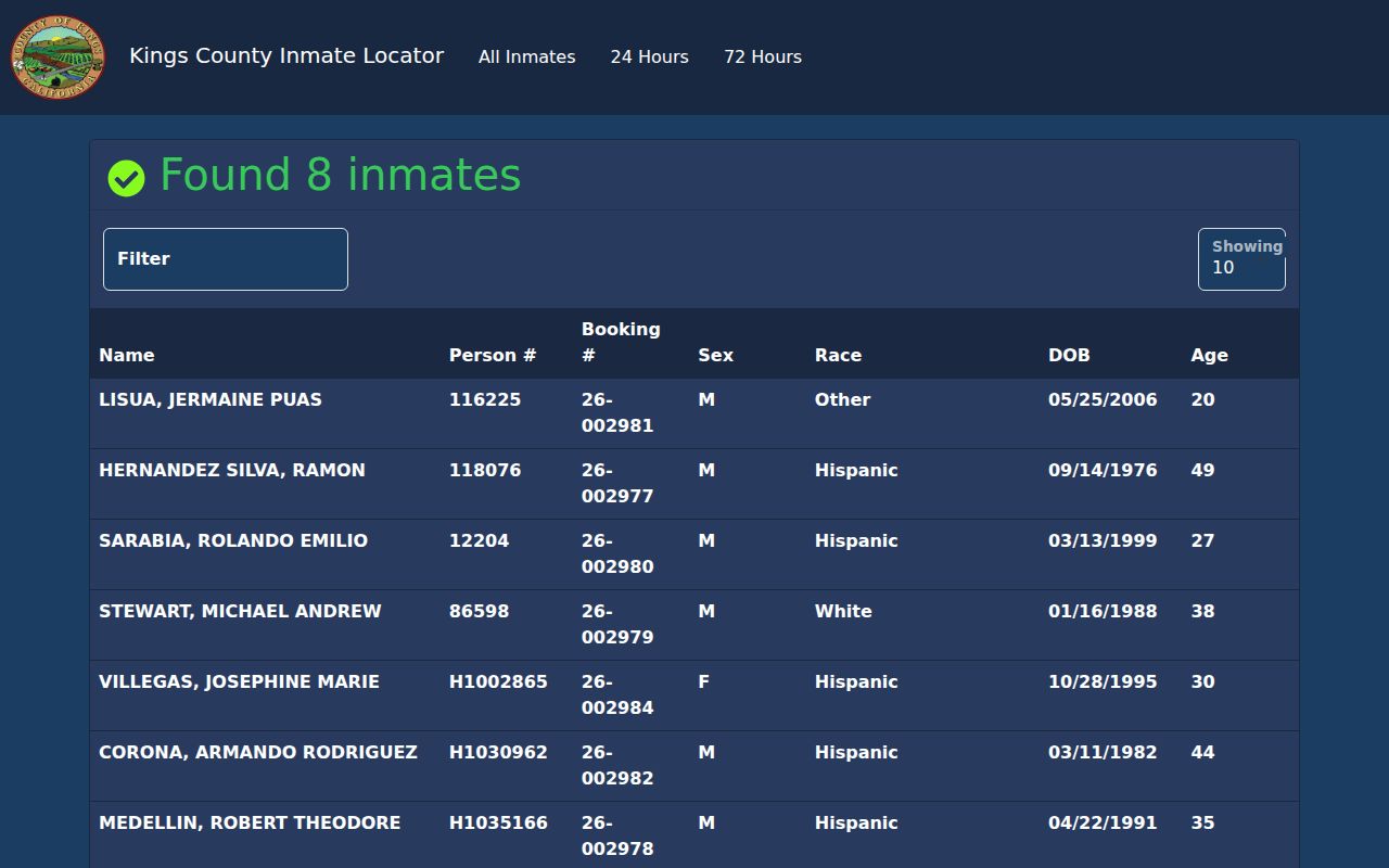 Kings County 24 hour booking view used for release checks