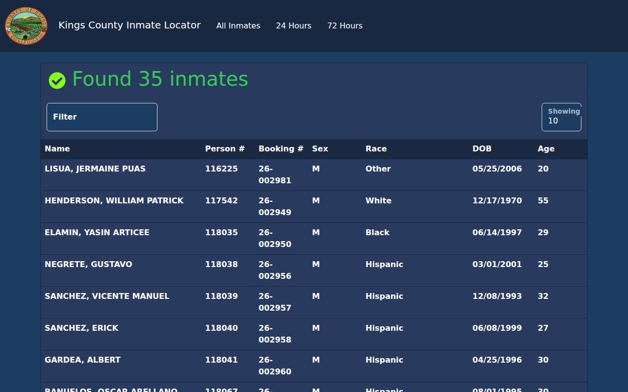 Kings County 72 hour booking view used to check recent release status