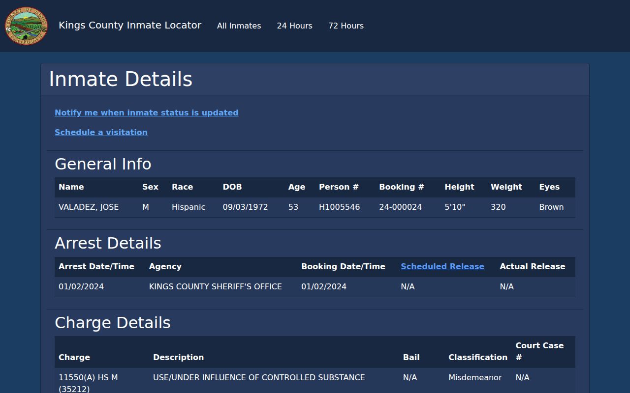 Kings County inmate detail page with release and VINELink fields